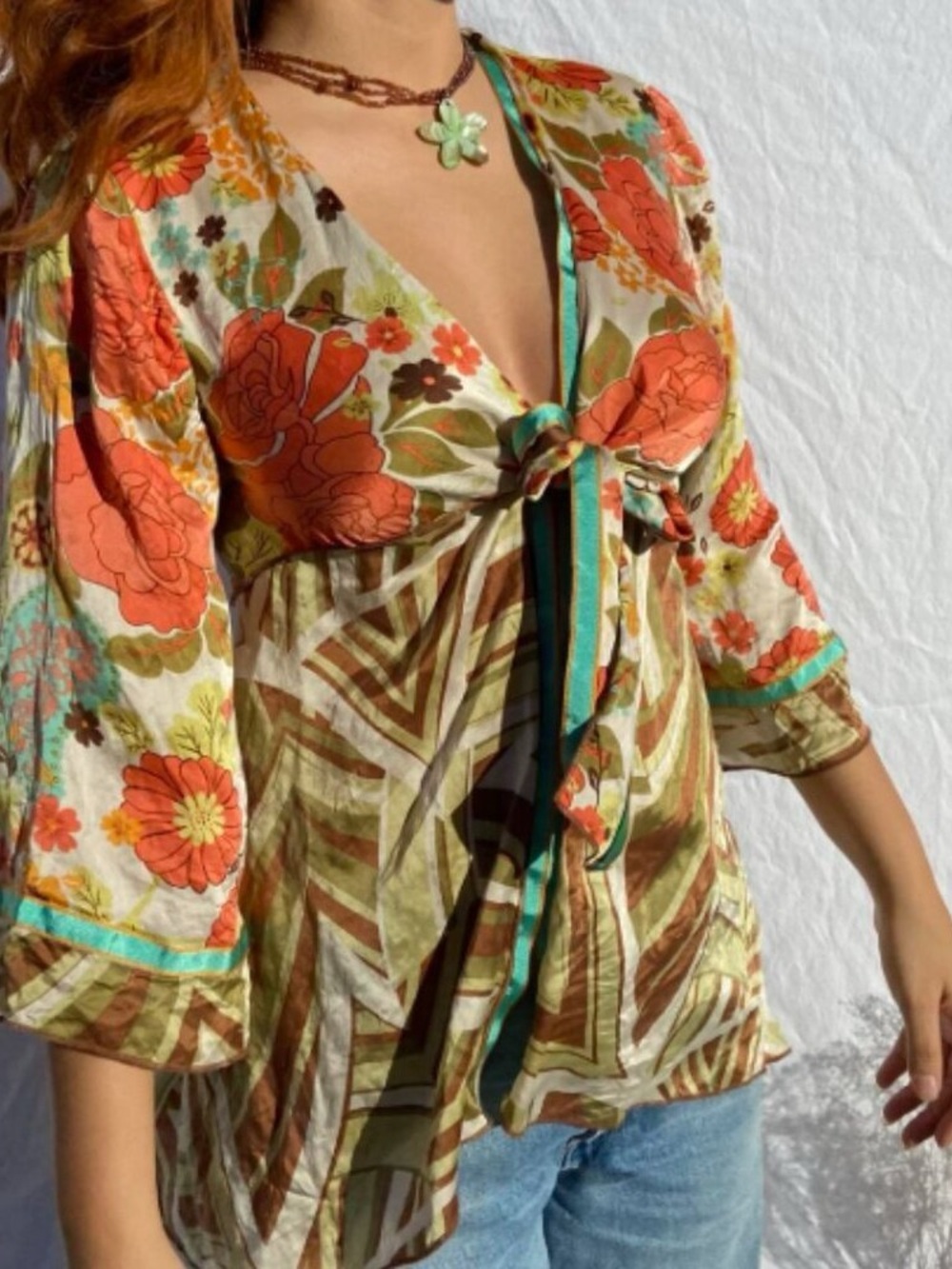 CAbi Coral Floral Tie-Front Blouse with Green Trim